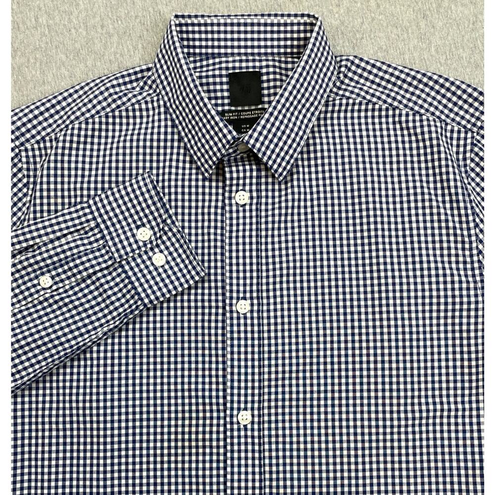 H&M Shirt Mens Medium Gingham Cotton Blend Slim Fit Button Up Long Sleeve